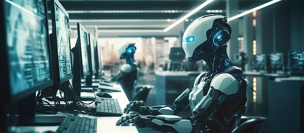 Free PSD a robot working in a modern office with real people generative ai