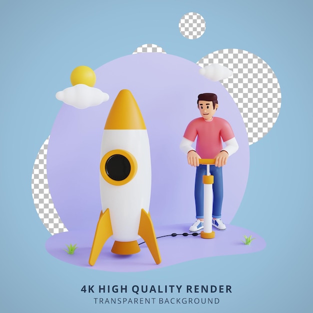 Free PSD rocket launch product release 3d character illustration