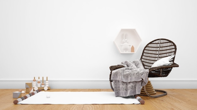 Room decorated with modern furniture, carpet, and decorative objects