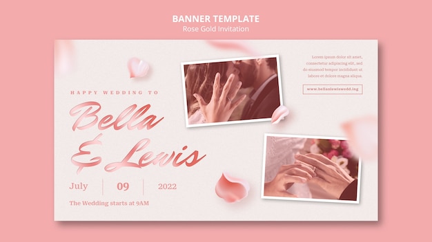 Rose gold horizontal banner template and wedding invitation template with petals