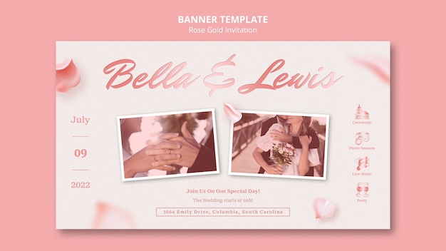 Rose gold horizontal banner template and wedding invitation template with petals