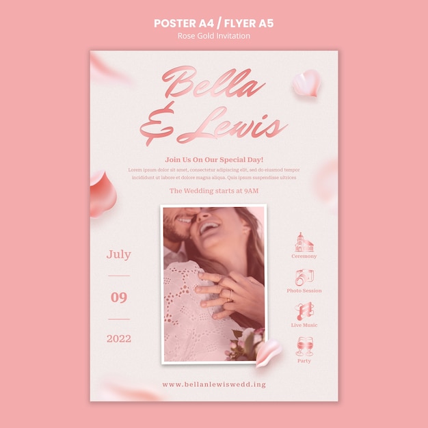 Rose gold wedding invitation and poster template with petals