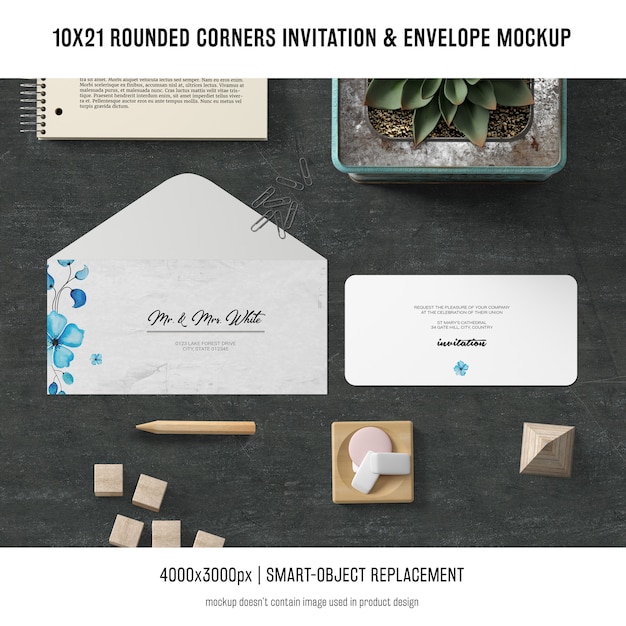 Free PSD rounded corners invitation and envelope mockup