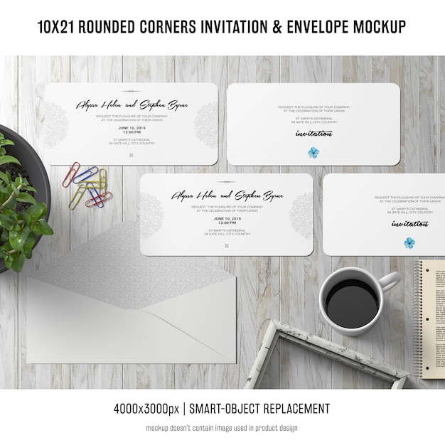 Free PSD rounded corners invitation and envelope mockup