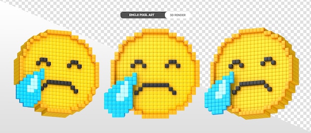 Sad emoji pixel art 3d render with transparent background