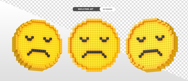 Sad emoji pixel art 3d render with transparent background