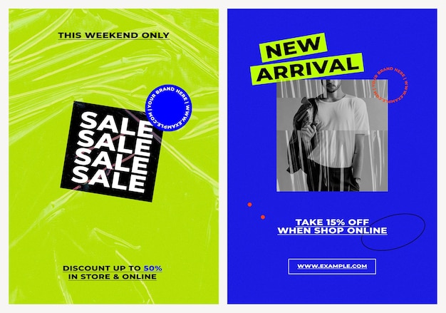 Sale poster templates psd set with retro color backgrounds for fashion and trends