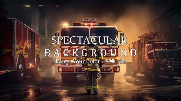 Free PSD scene of firefighter and firetruck