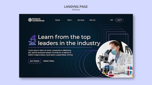 Free PSD science and technology landing page template with gradient colors and geometric shapes