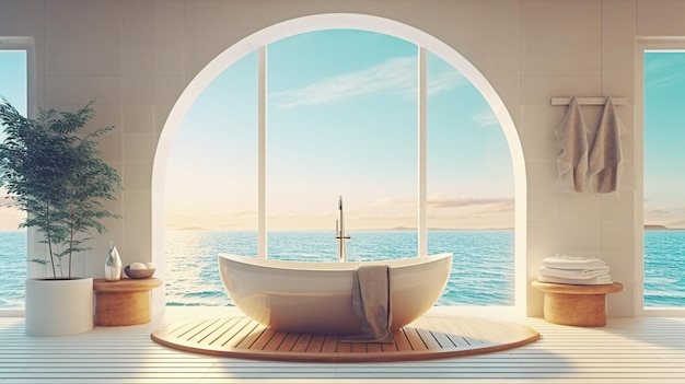 Free PSD sea view from circle window with bathtub generative ai