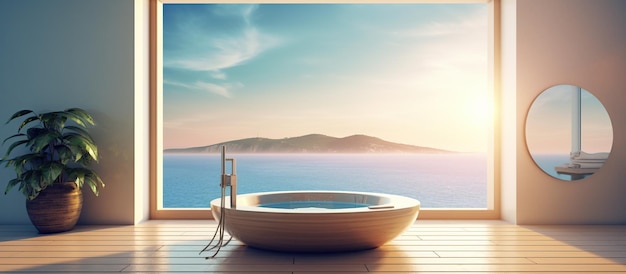 Free PSD sea view from circle window with bathtub generative ai