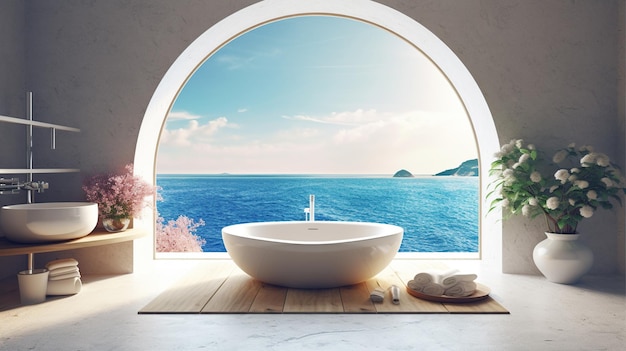 Sea view from circle window with bathtub generative ai