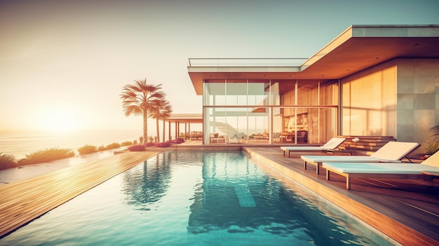 Free PSD sea viewluxury modern beach house generative ai