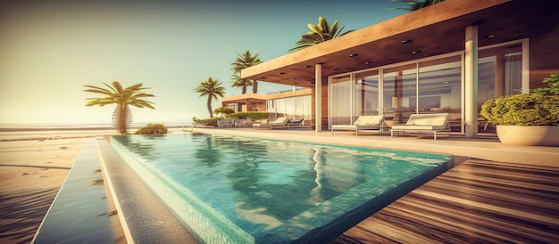 Free PSD sea viewluxury modern beach house generative ai