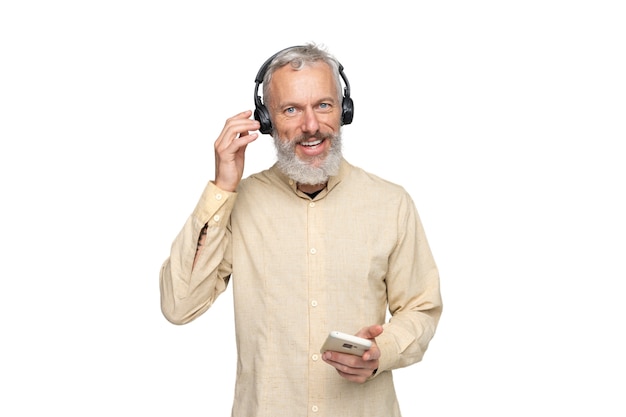 Free PSD senior man with headphones