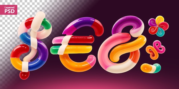 Free PSD set of colorful font made in shape of a sweet candy created using generative ai technology