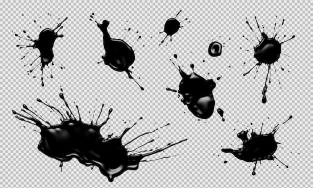 Set of realistic black splashes isolated on a transparent background