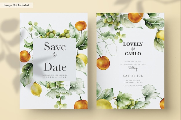 set of wedding invitation cards with a lemon and flowers