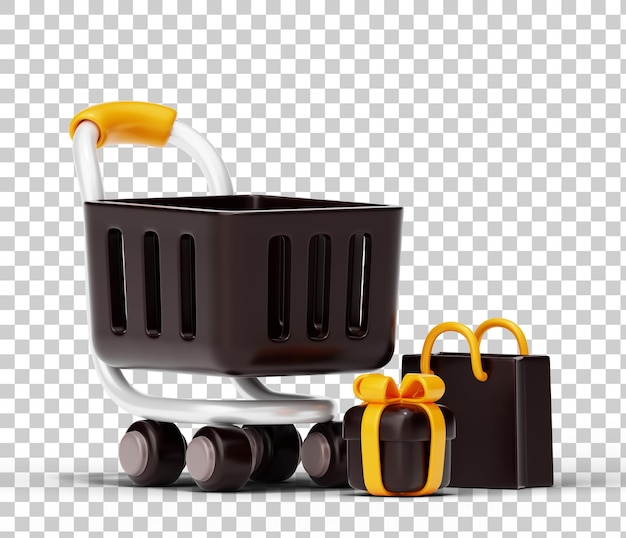 Free PSD shopping trolley with shopping bag and gift box shopping online concept 3d