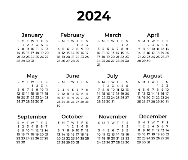 Free PSD simple minimalistic 2024 calendar over white surface