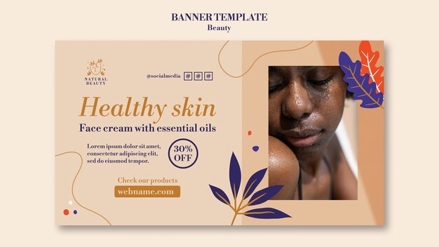 Skincare and beauty horizontal banner template with flowers and leaves