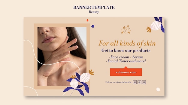 Skincare and beauty horizontal banner template with flowers and leaves