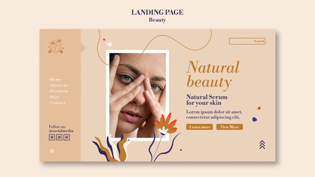 Skincare and beauty landing page template with flowers and leaves