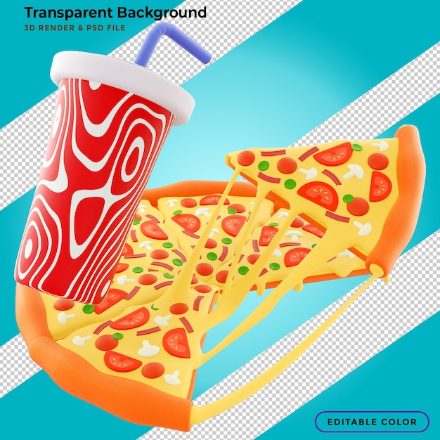 Free PSD slice of pizza with stringy cheese and splashing sauce in 3d illustration