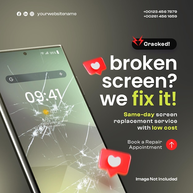 Free PSD smartphone broken screen repair service social media post design template