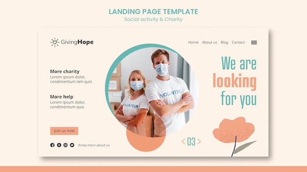 Social activity and charity landing page template