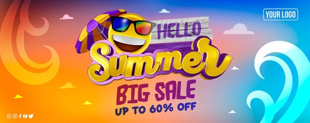 Social media banner hello summer big sale up to 60 off