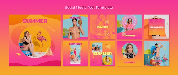 Free PSD social media post template collection in memphis style with summer concept