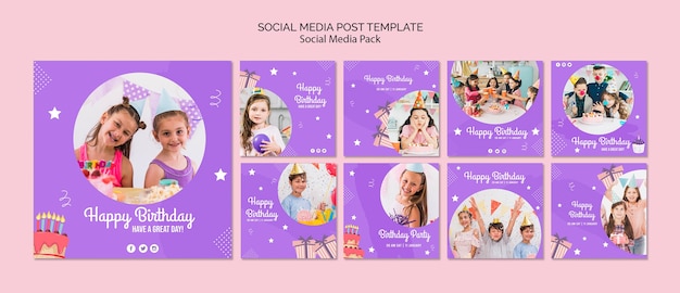 Social media post template with birthday invitation theme