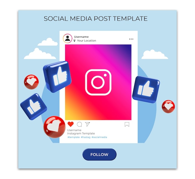 Free PSD social media post template with instagram window and 3d icons