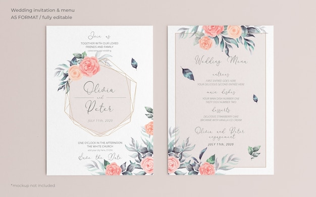 Soft floral wedding invitation and menu template