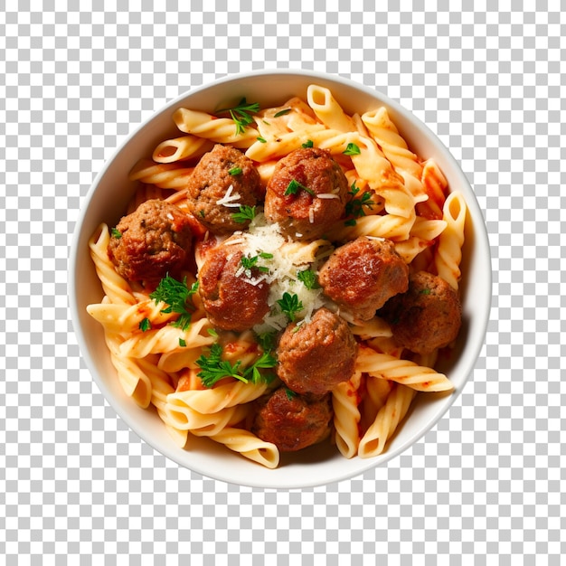 spaghetti with meatballs and tomato sauce in bowl closeup shot isolated on a transparent background