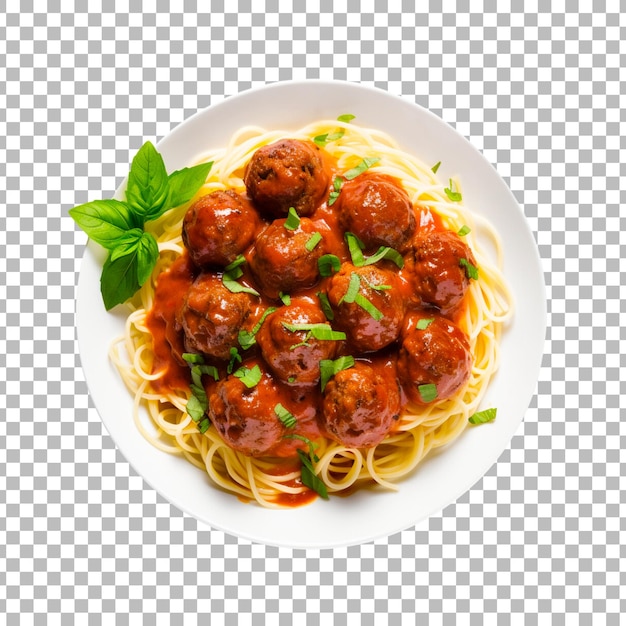 spaghetti with meatballs and tomato sauce in bowl closeup shot isolated on a transparent background