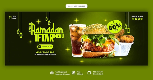 Free PSD special ramadan kareem food and iftar menu facebook cover banner template