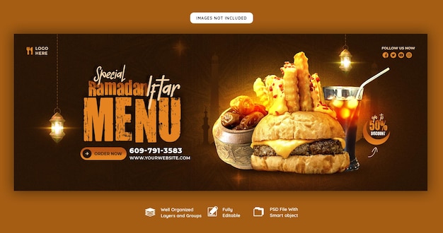 Free PSD special ramadan kareem food and iftar menu facebook cover banner template