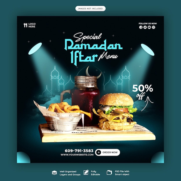 Special ramadan kareem food and iftar menu social media banner or instagram post template