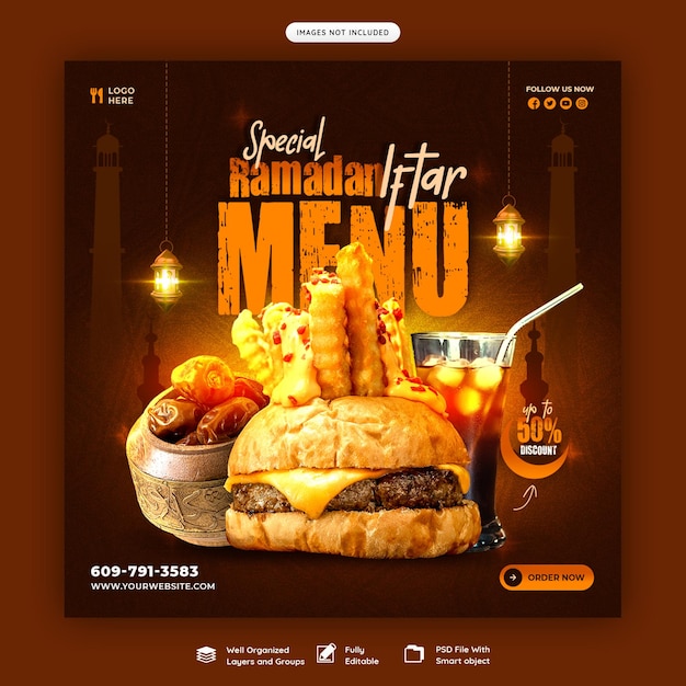 Free PSD special ramadan kareem food and iftar menu social media banner or instagram post template