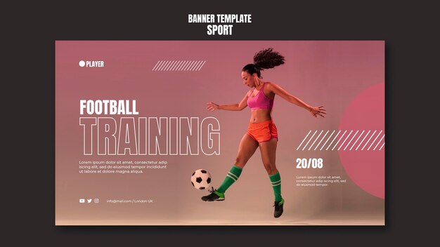 Sport banner template with photo of woman playing football