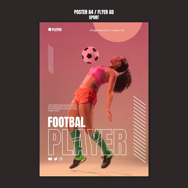 Free PSD sport poster template with photo of woman playing football