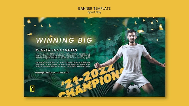 Free PSD sports day horizontal banner template with glowing and blurry effect