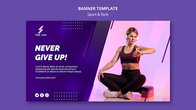 Free PSD sports and tech banner template with photo of woman training