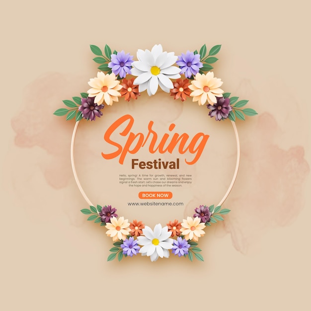 Free PSD spring festival floral frame 3d post template