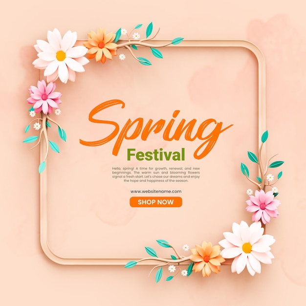 Spring festival floral frame 3d social media template