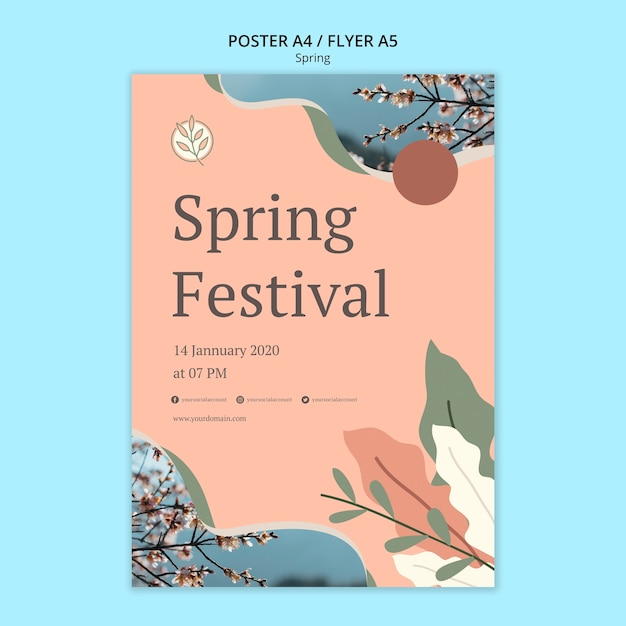 Free PSD spring festival poster with leaves and flowers