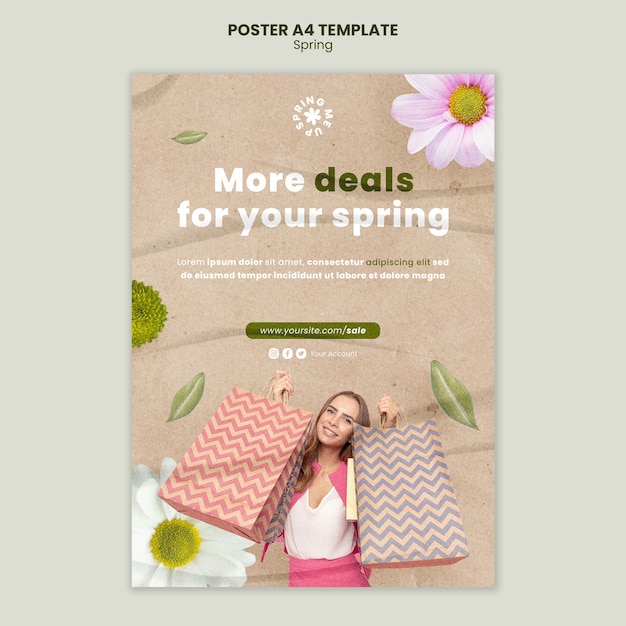 Free PSD spring sale vertical poster template with flowers and person