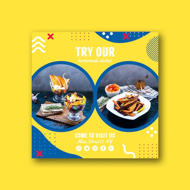 Square card template for restaurant in memphis style